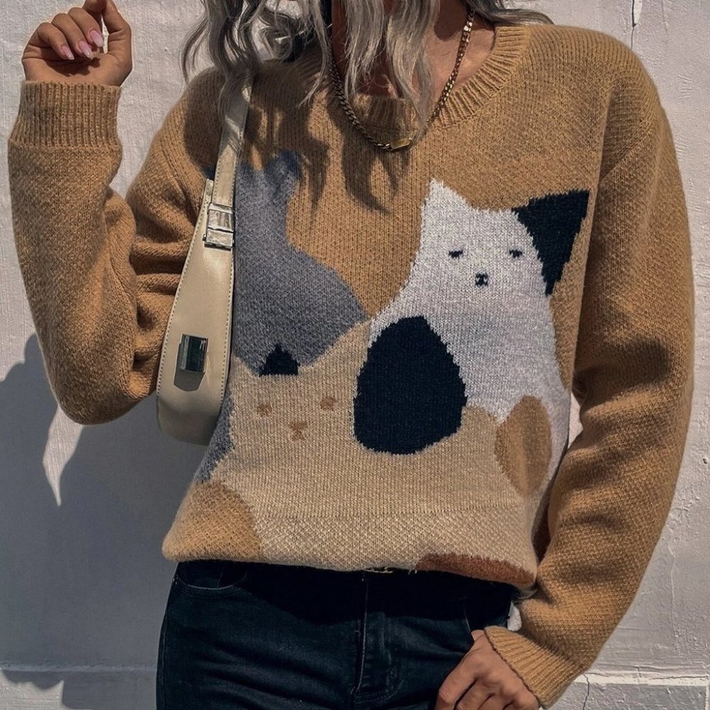 Khaki Cat Print Drop Shoulder Knit Sweater Top - Picture 1 of 4